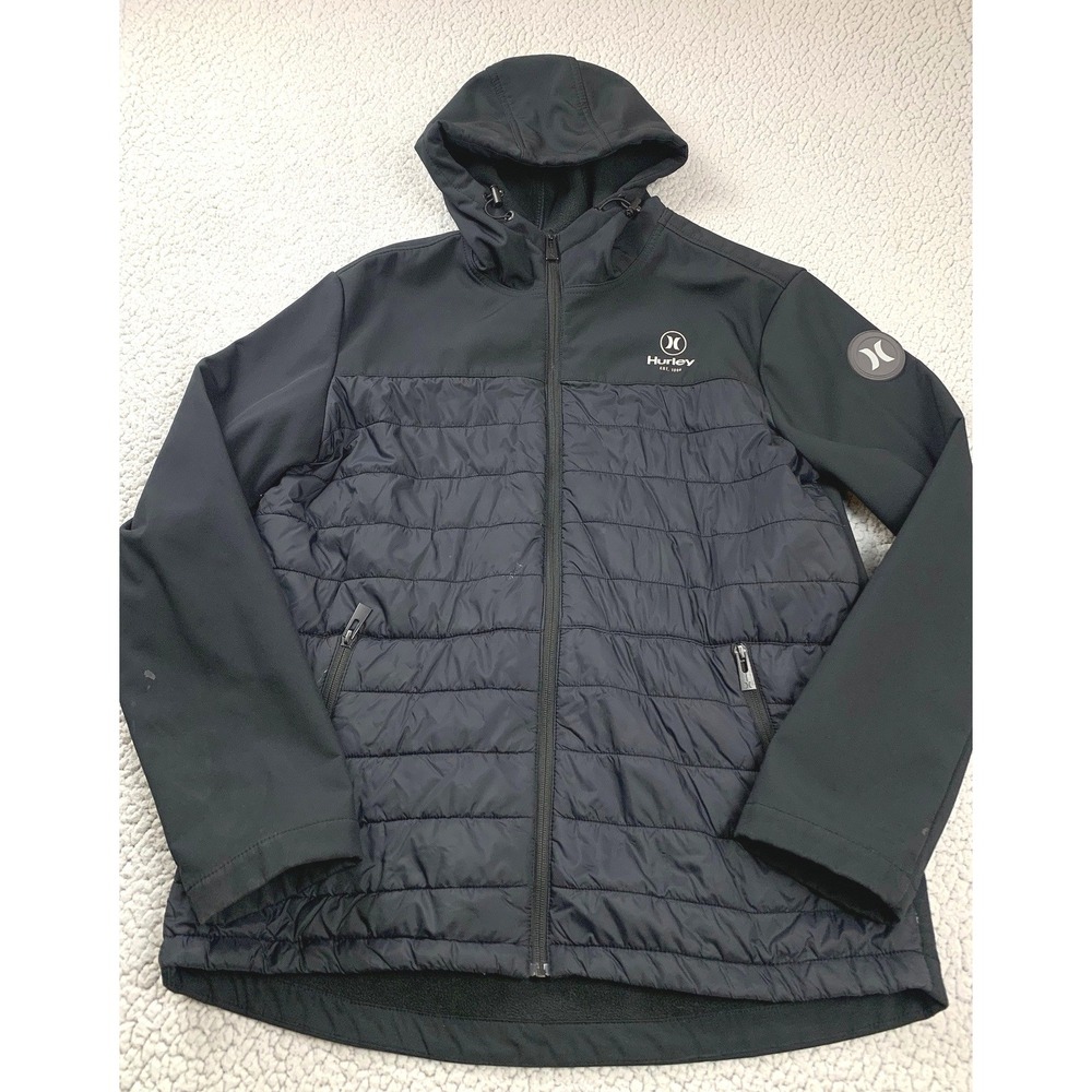 Hurley Mens Large Black Hybrid Quilted Softshell Hooded Jacket Puffer Coat Warm